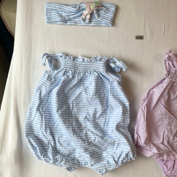Little Me Carter’s Baby Girl Rompers Set 6M with Headband Blue Purple Striped - Picture 4 of 7